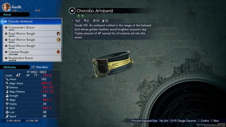 An armor description in Final Fantasy 7: Rebirth.