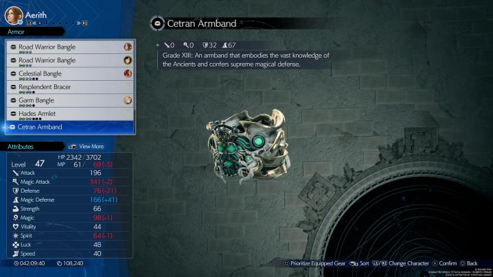 An armor description in Final Fantasy 7: Rebirth.