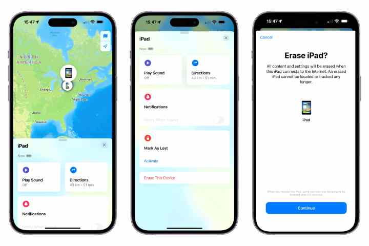 Three iPhones showing steps to erase an iPad using the Find My app.