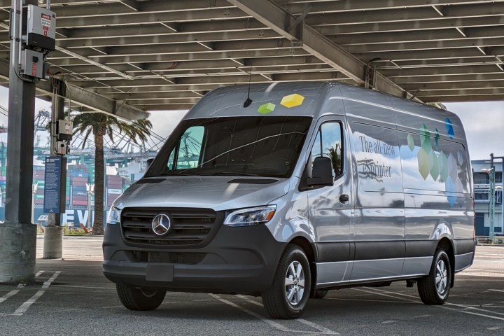 Front three quarter view of a 2024 Mercedes-Benz eSprinter electric van.