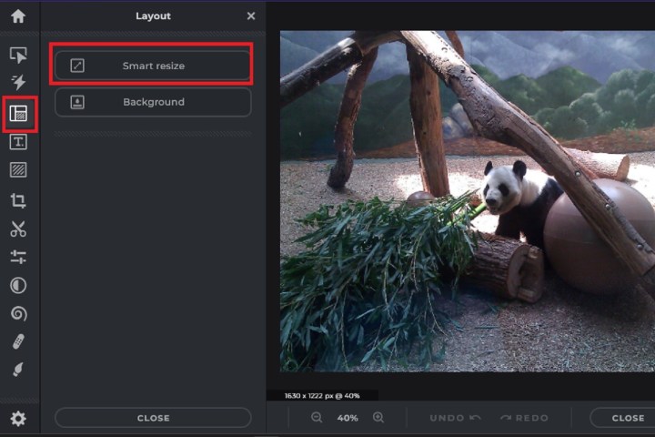 Selecting the Smart Resize button in Pixlr X.