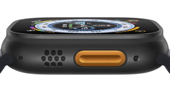 Mockup of the Apple Watch Ultra 2 with a dark titanium finish.