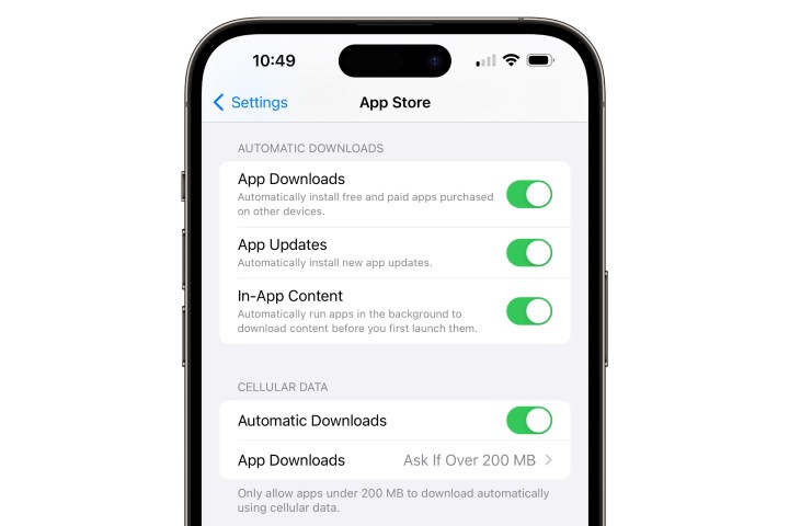 iPhone showing Automatic App Download Settings.