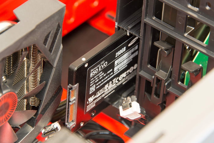 Installing an SSD in a desktop PC case.